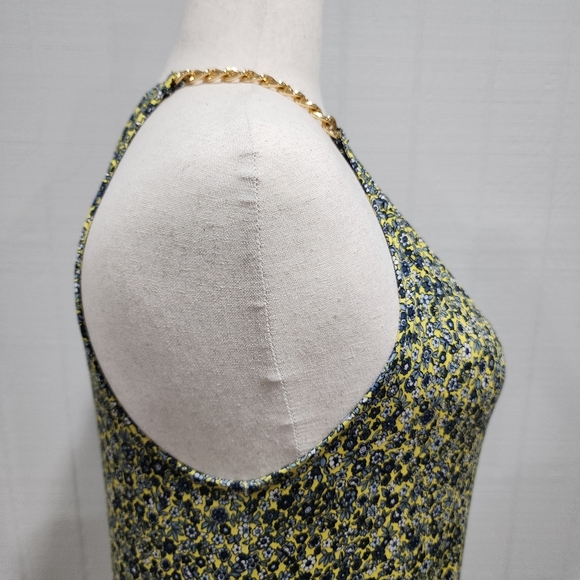 Michael Kors Chain Neck Shift Dress Sz Large Tiered Yellow Blue Floral Back Zip - Picture 11 of 16